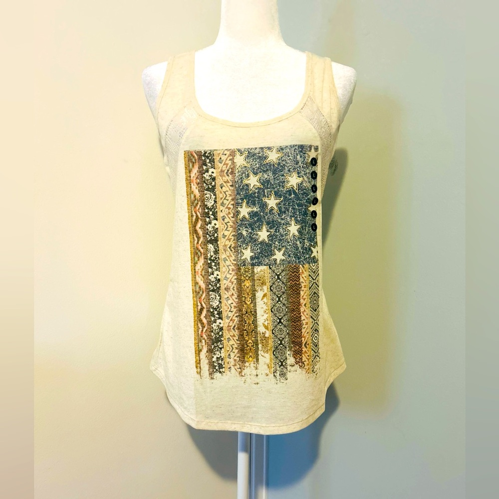 American Rag Women's Cream and Blue Graphic Flag Tank Top, Size Large